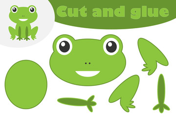 Frog in cartoon style, education game for the development of preschool children, use scissors and glue to create the applique, cut parts of the image and glue on the paper, vector illustration