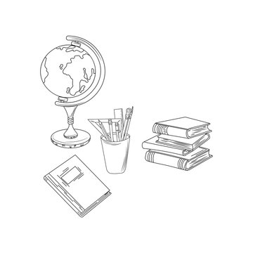 Theme illustration back to school. The picture is made in black and white. School supplies: notebook, books, globe, pencil, pen, brushes, ruler. Vector illustration done in style Hand-Drawn. 