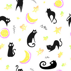 seamless pattern with black cats, stars, moon and decorative elements