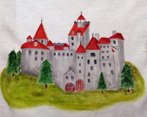 Fototapeta na wymiar Medieval Castle - Bran Castle, Romania - I painted the illustration on white fabric.