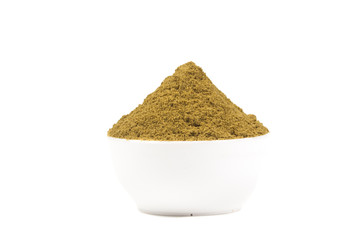 coriander powder with coriander seeds isolated on white background