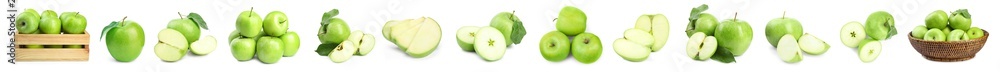 Wall mural fresh ripe green apple on white background