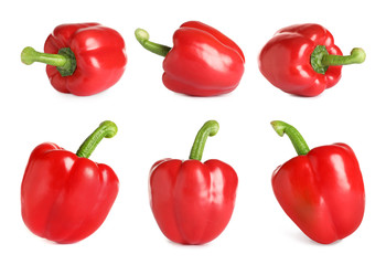 Set of fresh red bell peppers on white background
