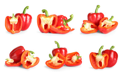 Set of fresh red bell peppers on white background
