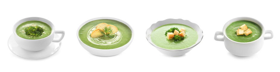 Set of fresh homemade broccoli soup on white background. Banner design