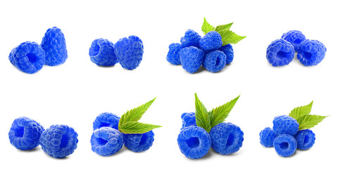 Set of fresh sweet blue raspberries on white background. Banner design