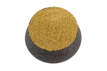 coriander powder with coriander seeds isolated on white background