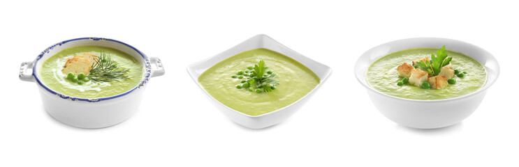 Set of fresh homemade pea soup on white background. Banner design