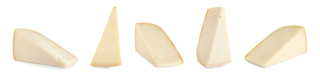 Set of delicious cheese on white background. Banner design