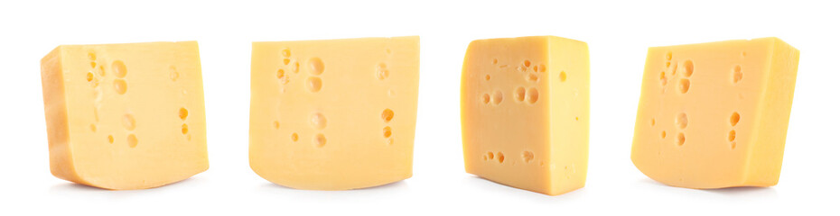 Set of delicious cheese on white background. Banner design