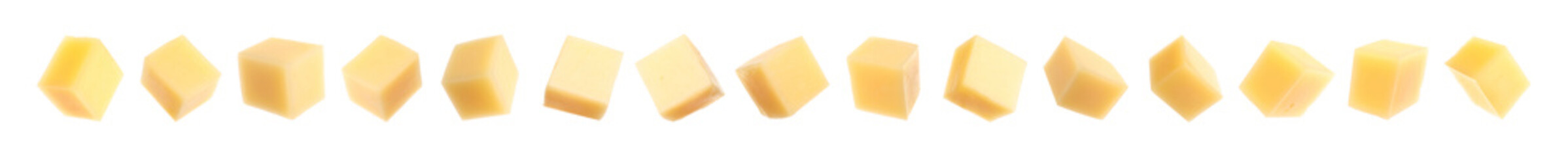 Set of delicious cheese cubes on white background. Banner design