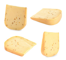 Set of delicious cheese on white background