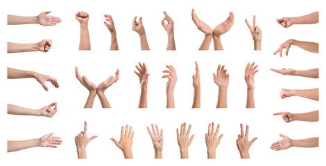 Set of people showing different gestures on white background, closeup view of hands