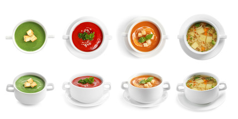 Fresh vegetable detox soup with croutons in dish on white background