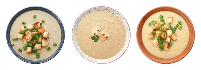 Set of fresh homemade mushroom soup on white background, top view. Banner design