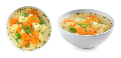 Fresh vegetable detox soup with croutons in dish on white background