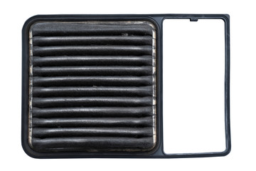 Expired car air filter With dust, black stains Which if used is not good for the health of people Should be replaced immediately. Isolated on white background and clipping path