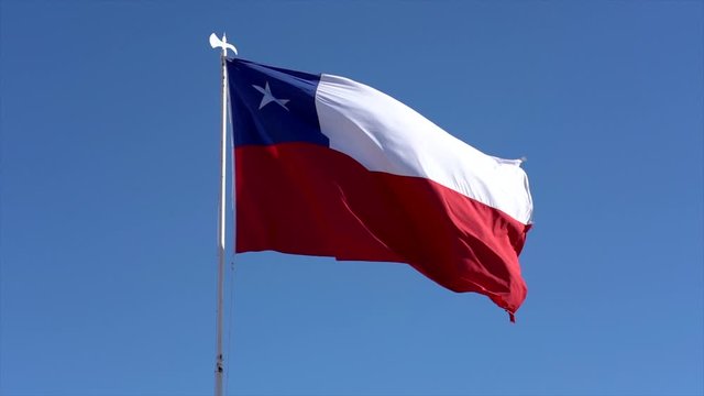 Chilean Flag Flies In Light Breeze Facing Right - Slow Motion.