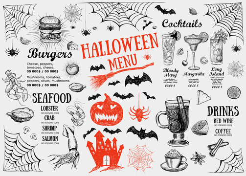 Halloween menu. Restaurant cafe menu, template design. Food flyer.