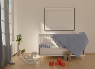 Mock up with an empty frame above the crib. Children's room interior with toys on a floor. Template for advertisement and photo. 3D rendering.