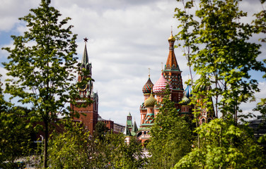 The view of Red square and St. Basil's Cathedral in summer, Moscow, Russia. Sights of historical Moscow.