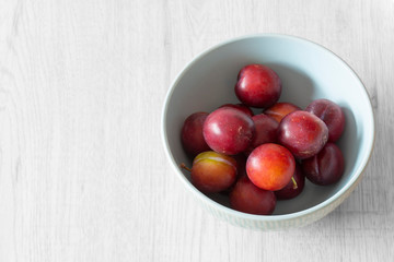 British organic plums, freshly picked, in a pastel green bowl dish. Grey wood background