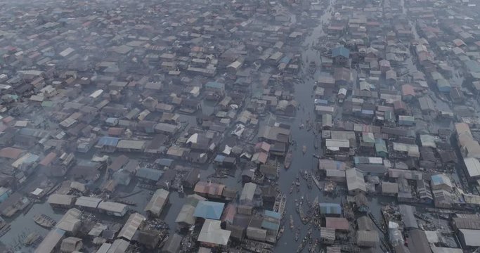 Medium Shot Ariel view of a slum community in Lagos Nigeria