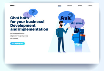 Web page flat design template chatbots for your business. Landing page online development and implementation of a chatbot. Modern vector illustration concept for website and mobile website development