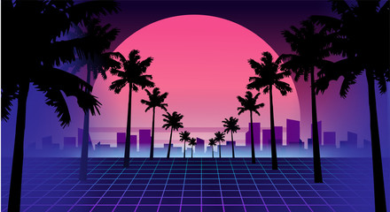 80s retro future. Retro futuristic background 1980s style. Road to the city at sunset 1980s style. Digital retro cityscape sci-fi summer landscape. Suitable for any print design in 80s style