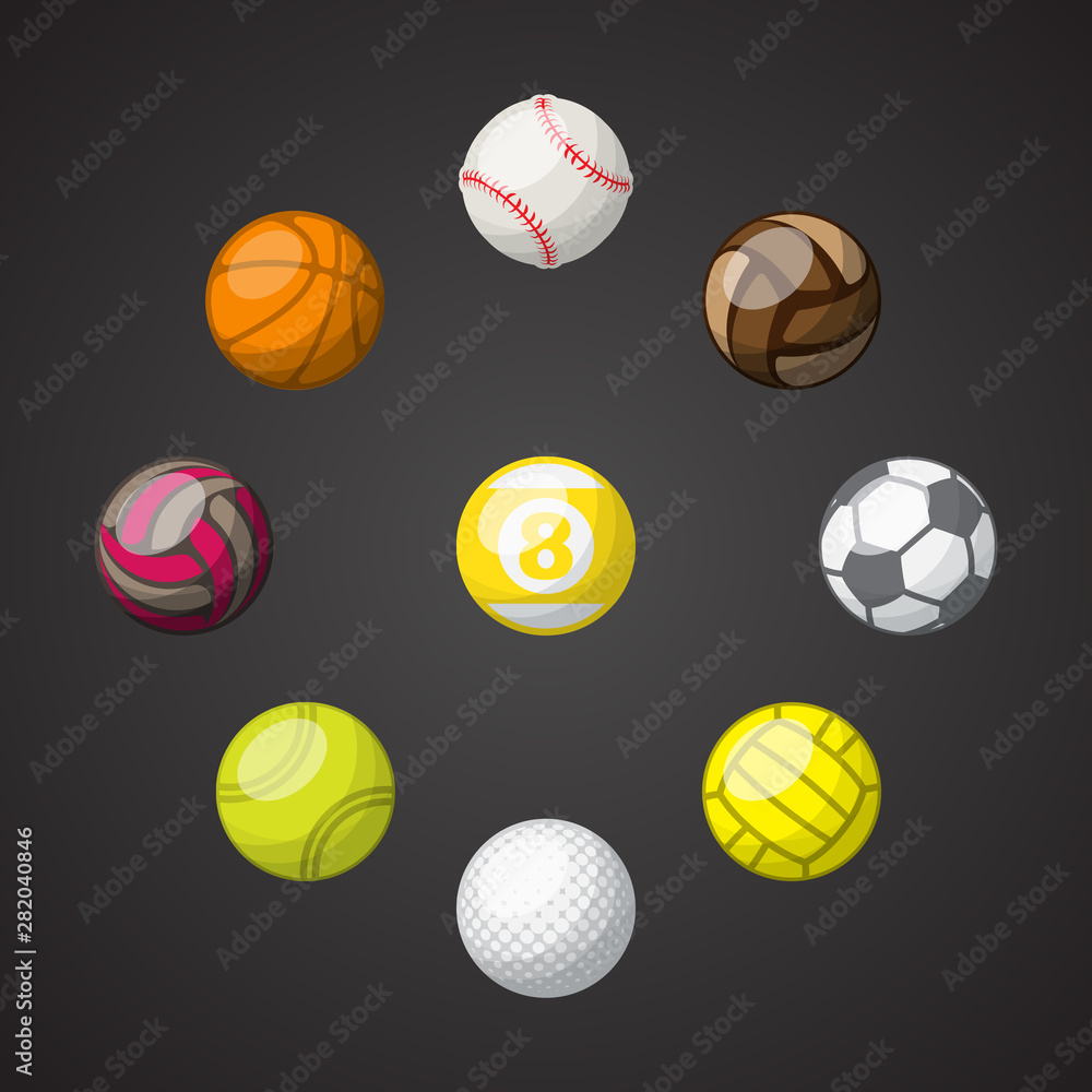 Wall mural Set of different color sport balls isolated on dark background