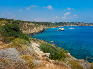 Fototapeta na wymiar Beautiful landscape near of Nissi beach and Cavo Greco in Ayia Napa, Cyprus island, Mediterranean Sea.