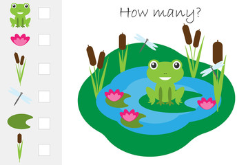 How many counting game, pond with frog for kids, educational maths task for the development of logical thinking, preschool worksheet activity, count and write the result, vector illustration