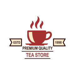 Tea shop emblem template. Design element for logo, label, sign, poster, flyer. Vector illustration