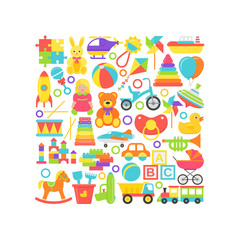 Baby toys print. Vector. Kids toy card in square shape. Set Baby stuff isolated on white background. Cartoon illustration. Cute children icons in flat design. Colorful banner.