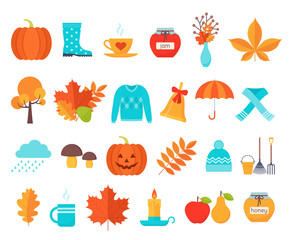 Autumn icon. Vector. Fall season. Cute autumnal elements with leaves, pumpkin, umbrella, rain. Flat design. Colorful cartoon illustration. Set orange yellow objects isolated on white background.
