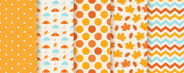 Autumn pattern. Vector. Seamless texture with fall leaves, polka dot, umbrella and zig zag. Seasonal geometric prints. Cute abstract backgrounds. Colorful cartoon illustration. Set orange wallpapers. © maradaisy