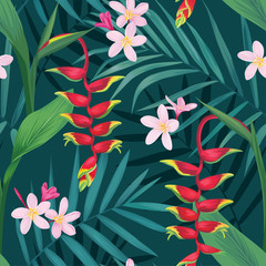 Seamless pattern of Heliconia or lobster-claws with plumeria flowers and tropical leaf background. Vector set of exotic tropical garden for holiday invitations, greeting card and fashion design.