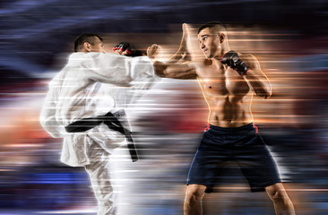 MMA boxers fighters fight in fights without rules. Blurred effect
