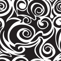 Black-white seamless pattern of spirals and curls. Decorative ornament for background.