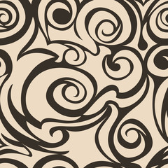 Brown seamless pattern of spirals and curls. Decorative ornament for background.