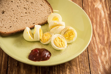 Fresh delicious fruit eggs for a good meal..Wood background.
