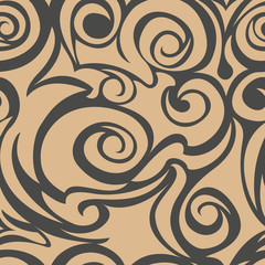 Brown seamless pattern of spirals and curls. Decorative ornament for background.