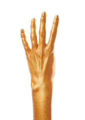 Hands in gold paint. Golden fingers. Female hand is showing numbers isolated on white background. Sign language. Hand numbers