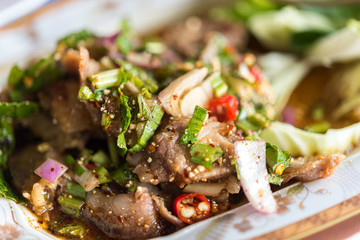 Spicy sliced grilled beef salad at Thai food