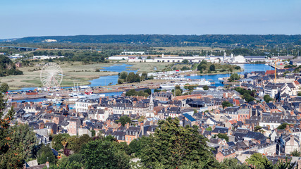 Obraz premium Aerial panoramic view of Honfleur from Plateau of Grace, centre of pilgrimage, place of tranquility and serenity. Travel France, Normandy.
