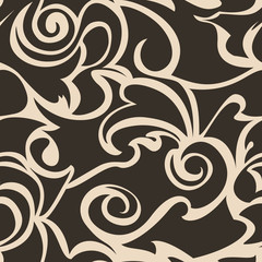 Brown seamless pattern of spirals and curls. Decorative ornament for background.