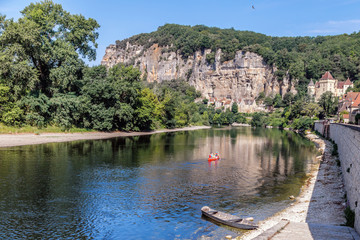 La Roque Gageac, one of France's most beautiful villages by the Dordogne River,  backed by a steep...