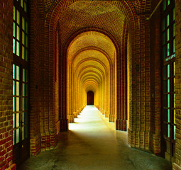 old victorian castle interiors corridor and red brick walls