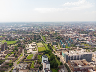 Aerial photo of the St. James's University Hospital in Leeds, West Yorkshire, England, showing the Hospital, A&E entrance and grounds and also the Leeds City Centre in the background on a sunny day.