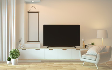 Tv cabinet in modern empty room Japanese - zen style,minimal designs. 3D rendering